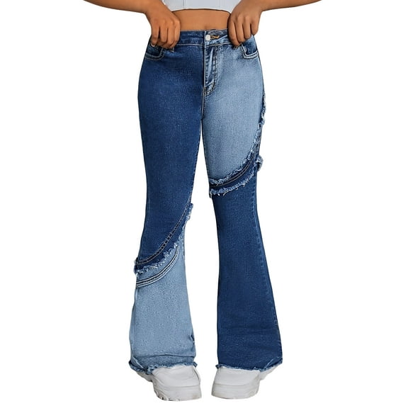 Happy Cherry Girl's Denim Pants Flare Leg Kids Bell Bottom Jeans Teen Mid Waisted Denim Trousers Slim Pants with Pockets 13-14 Years