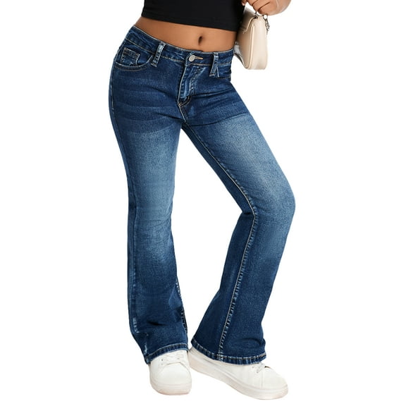 Happy Cherry Girl's Jeans Bell Bottom Kids Flare Leg Denim Pants Teen Slim Denim Pants Mid Waisted Trousers with Pockets 9-10 Years