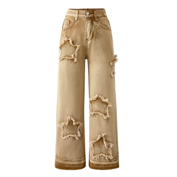 Happy Cherry Girls Baggy Jeans Elastic Waist Kids Denim Pants Wide Leg Casual Aesthetic Star Trousers with Pockets 7-8 Years