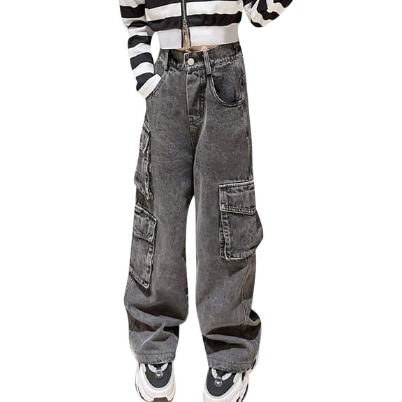 Happy Cherry Girls' Denim Pants Elastic Waist Kid Jeans Trousers Wide Leg Baggy Casual Y2K Pants Loose Streetwear with Pockets 11-12 Years