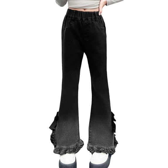 Happy Cherry Girls Flared Jeans Elastic Waist Kid Cute Bow Bell Bottom Pants Flare Leg Denim Pant Skinny Bottoms with Pockets 9-10 Years