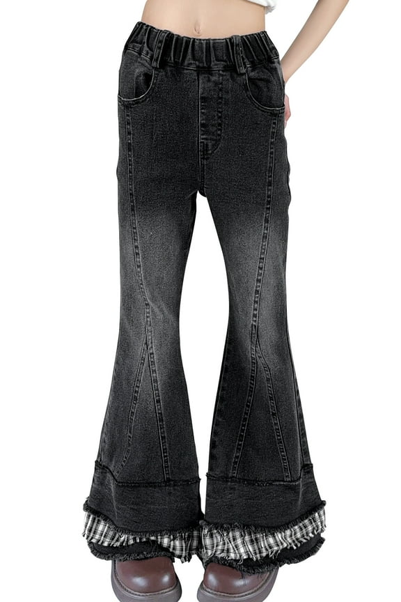 Girls Flared Jeans Elastic Waist Kid Cute Bow Bell Bottom Pants Flare Leg Denim Pant Skinny Bottoms with Pockets 9-10 Years