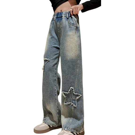 Happy Cherry Girls Jeans Pants Wide Leg Kids Elastic Waist Denim Pants Baggy Casual Aesthetic Star Loose Y2K Trousers with Pockets 5-6 Years