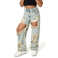 thumbnail image 1 of Happy Cherry Girls Loose Denim Pants Kids Ripped Elastic Waist Jeans Pants Cool Baggy Pants with Pockets 11-12 Years, 1 of 7