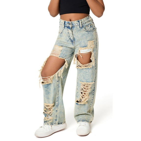 Happy Cherry Girls Loose Denim Pants Kids Ripped Elastic Waist Jeans Pants Cool Baggy Pants with Pockets 11-12 Years