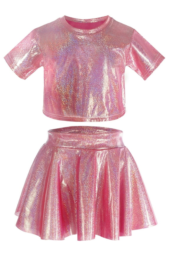 Girls Metallic Dance Outfit Raves Metallic Skirt Sequin Hip Hop Shirt Dance Top Short Sleeve Shiny Dance Clothes Set Glitter Street Dancewear 4-5 T