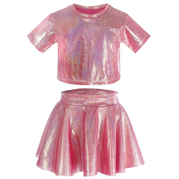 Happy Cherry Girls Metallic Dance Outfit Sequin Hip Hop Top Dance Shirt Short Sleeve Rave Metallic Skirt Shiny Dance Clothes Set Glitter Street Dancewear 3-4 T