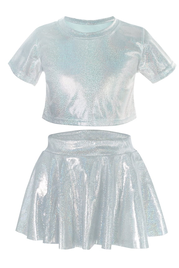 Girls Metallic Dance Outfits Sequin Short Sleeve Shirt Raves Metallic Skirt Hip Hop Dance Tops Shiny Dance Clothes Set Glitter Street Dancewear 5-6 Years