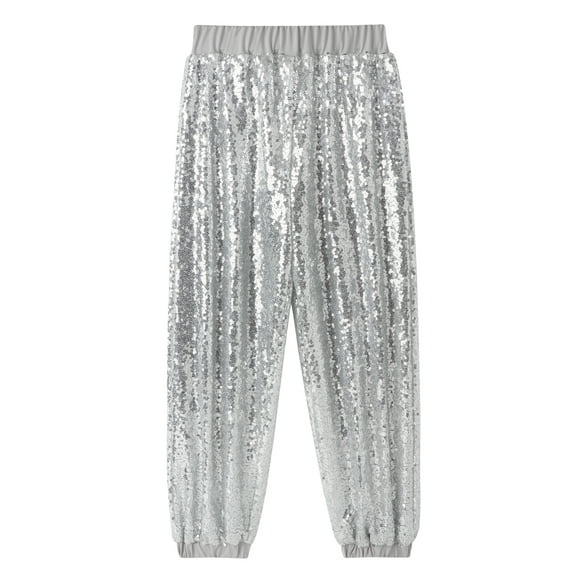 Happy Cherry Sequin Pants Girls Boys Sparkle Jogger Elastic Waist Kids Hip Hop Dance Trousers Shiny Jazz Harem Outfits Streetwear 3-4 Years Silver