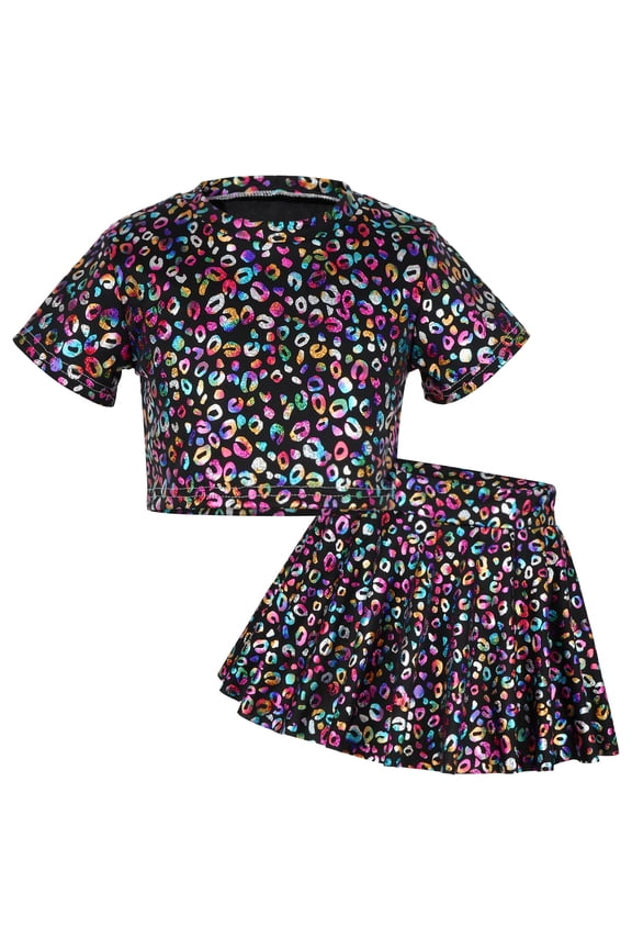 Girls Metallic Dance Outfits Kids Shiny Metallic Short Sleeve Crop Top with Pleated Skirt Set Leopard Dancewear Performance 2 Pieces 12-13 Years Black