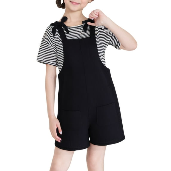 Happy Cherry Girls Summer Jumpsuits Spaghetti Strap Kid Sleeveless Romper Cotton Loose Overalls Short Pants with Pockets 7-8 Years