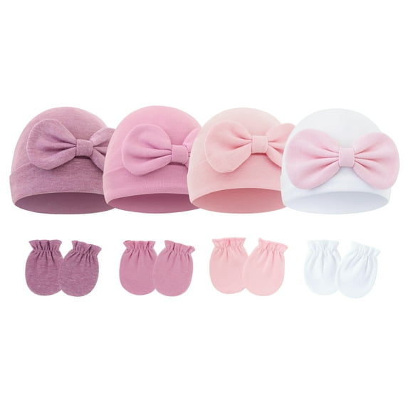 Happy Cherry Hats Gloves Sets for Infant No Scratch Mitten Preemie Hospital Cotton Hat Baby Girls Bow Hats Newborn Beanie Cap for 0-6 Months