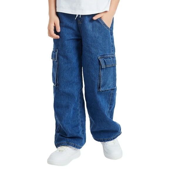 Happy Cherry Kid Denim Pants Elastic Waist Boy Baggy Jeans Trousers Wide Leg Teen Cargo Pants Loose Streetwear with Pocket 10 Years