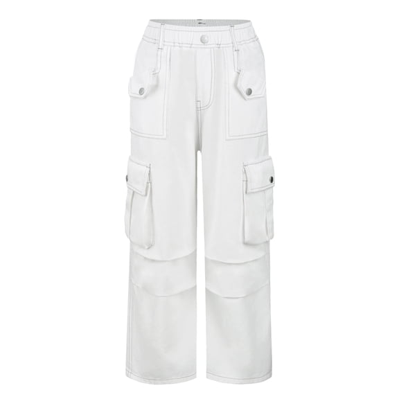 Happy Cherry Kids Cargo Trousers Girls Baggy Pants Wide Leg Jeans Y2K Hip Hop Pants Streetwear Dance 13-14 Years White