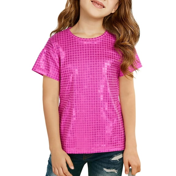 Happy Cherry Kids Girls Sparkly Metallic Shirt Boys Shiny Sequins Tops Dance Performance Shirt Jazz Hip Hop Dancewear Costume 9-10 Years