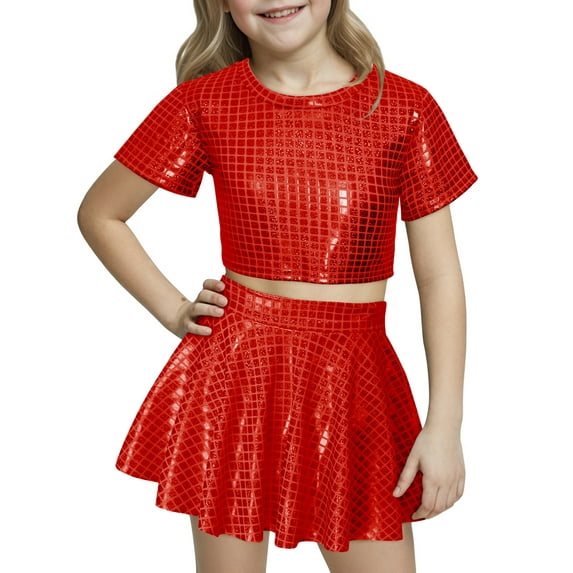 Happy Cherry Kids Metallic Dance Outfit Girls Sequin Skirt Top Set 2 Pcs Disco Performance Clothes Sparkly Shiny Crop Top Short Sleeve with Skirt 3-4 Years