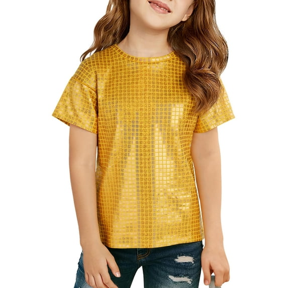 Happy Cherry Kids Sparkle Shirt Girls Shiny Dance Tops Hip Hop Boys Performance Dancewear Metallic Disco Performance Costume 7-8 Years
