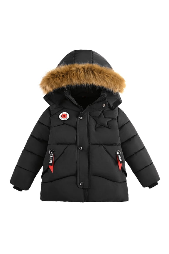 Kids Winter Coats Hooded Boys Fleece Lined Jacket Thicken Parka Jacket Padded Windproof Ski Outerwear 3-4 Years Black