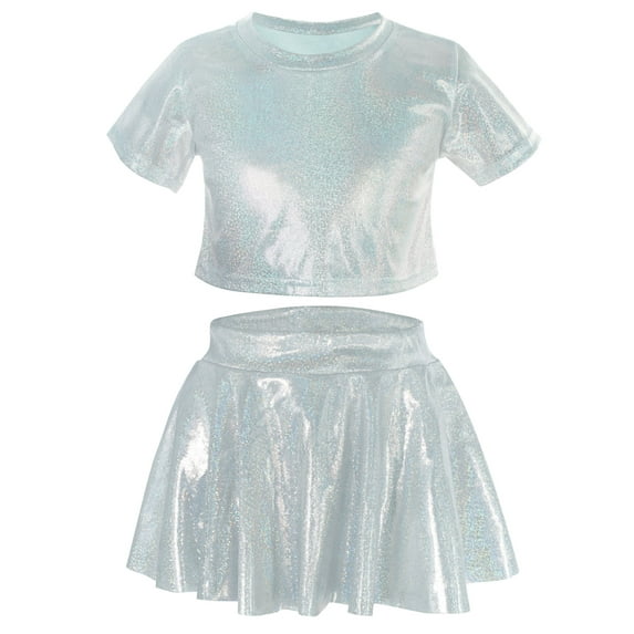 Happy Cherry Metallic Dance Outfits for Girls Raves Metallic Skirt Sequin Dance Shirt Hip Hop Top Short Sleeve Shiny Dance Clothes Set Glitter Street Dancewear 10-11 Years