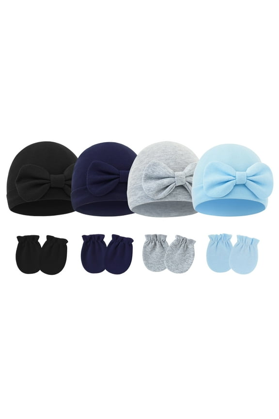 Newborn Cotton Hats for Baby Boys Preemie Hats Bow Cap Hospital Hat Mittens Set Infant No Scratch Gloves Girls Beanie Cap for 0-6 Months