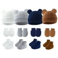 thumbnail image 1 of Happy Cherry Newborn Hospital Hat Cotton Baby Boy Beanie Caps Infant Bear Ears Preemie Cap Preemie No Scratch Mittens Baby Girl Hat Mitten Sock Set 4 Pack for 0-6 Months(Caramel Navy Blue White Gray), 1 of 7