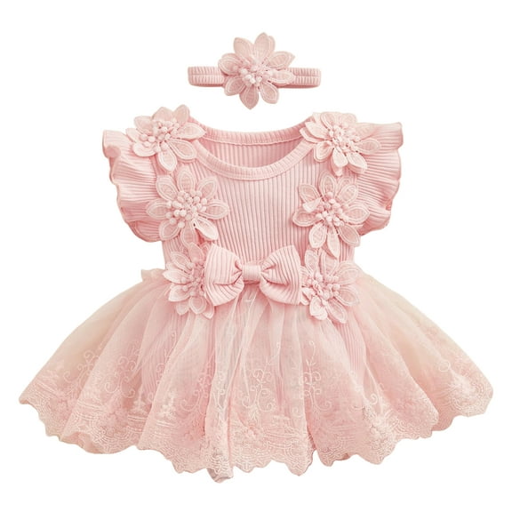Happy Cherry Newborn Mesh Tutu Dress Summer Infant Romper Dress Sleeveless Baby Girl Flowers Lace Tulle Skirt Bodysuit with Headband 0-3 Months