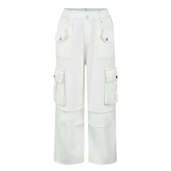 Happy Cherry Parachute Trousers Girls Kids Wide Leg Jeans Hip Hop Pants Cargo Baggy Trousers Loose Y2K 10-11 Years White