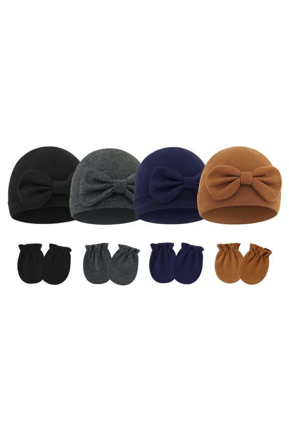 Preemie Hats Gloves Set Infant Hospital Cotton Hat Newborn Bow Cap Toddler No Scratch Gloves Baby Girls Beanie Cap for 0-6 Months