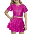 thumbnail image 1 of Happy Cherry Shiny Skirt Top Set for Kids Girl Metallic Dance Outfit Top Sequin Dress Performance Sparkly Disco Clothes Short Sleeve Crop Top with Skirt 4-5 Years, 1 of 7