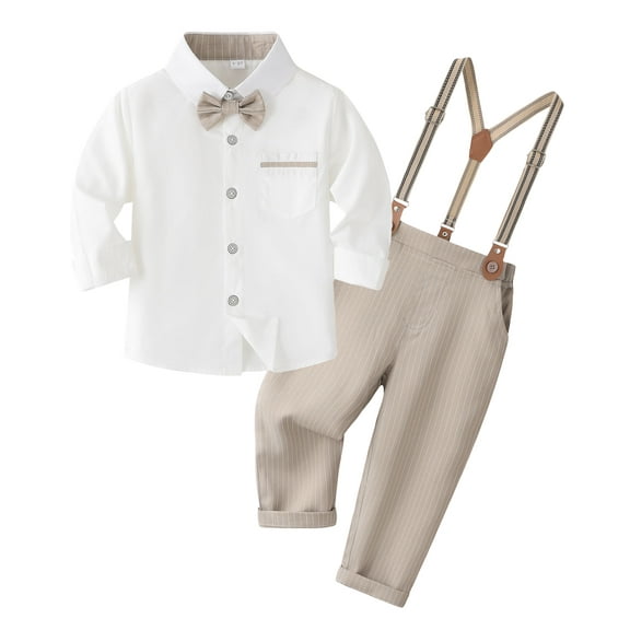 Happy Cherry Toddler Wedding Outfits Baby Boy Gentlemen Suit Set Infant Formal Dress Clothes Long Sleeves Suspenders Pants Bowtie 3Pcs 1-2Y