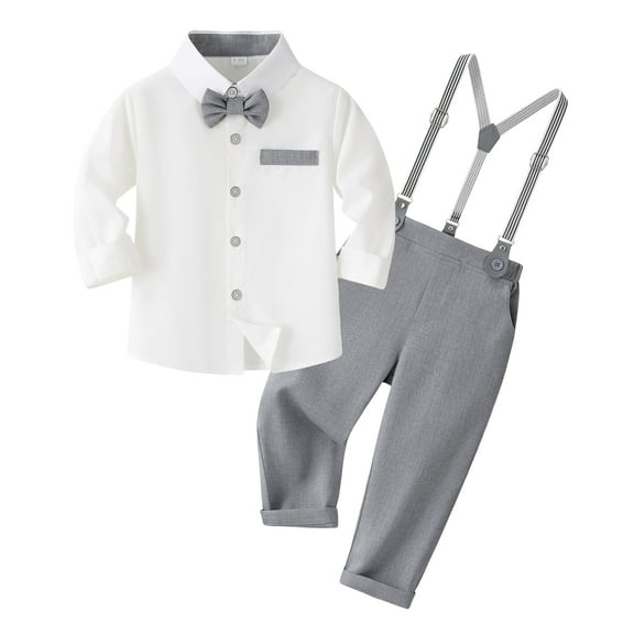 Happy Cherry Toddler Wedding Outfits Baby Boy Gentlemen Suit Set Infant Formal Dress Clothes Long Sleeves Suspenders Pants Bowtie 3Pcs 1-2Y