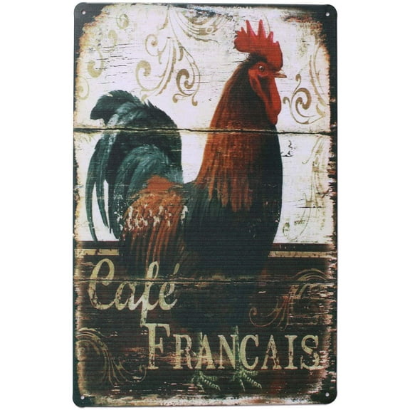 Happy Chickens, Rooster Retro Metal Sign Plate, Antique Art Plaque Rustic Poster Cafe Kitchen Dining Room Home Wall Decor (White)