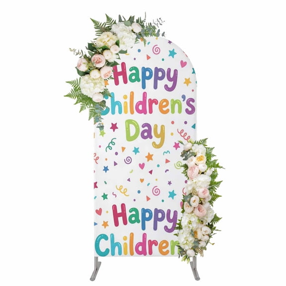 Happy Children's Day Arch Backdrop Cover 4FT, Modern Ribbons Stars Love Hearts Spandex Fitted Stretchy Arch Stand Covers, Round Top Chiara Backdrop Cover for Wedding Party Birthday Baby Shower