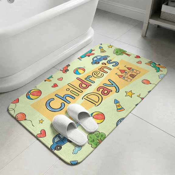 Happy Children's Day Bathroom Rugs Non Slip Washable Bath Mat Absorbent Front Door Mat Cartoon Castle Childhood Innocence Indoor Doormat for Kitchen Entryway Shower Decor Accessories 15.7"x23.6"
