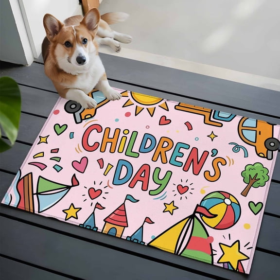 Happy Children's Day Front Door Rugs 2x3 ft Cartoon Sun Castle Boat Truck Leather Ball Pink Small Rug for Entryway Non Slip Washable Bathroom Door Mat Absorbent Floor Mat for Indoor Entrance
