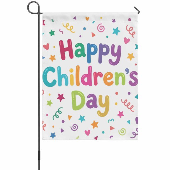 Happy Children's Day Garden Flag 12x18 Inch Star Love Rings Cartoon Letters Double Sided Outdoor Garden Flags Welcome House Flag Decorative Yard Flags for Outside Holiday Decoration