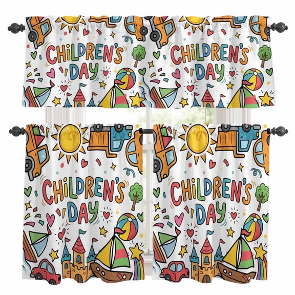 Happy Children's Day Kitchen Curtains and Valances Set, Cartoon Sun Castle Boat Truck Leather Ball Rod Pocket Window Valance Window Curtain Panels for Living Room Bedroom Laundry, 27.5x24in, 3 Pieces