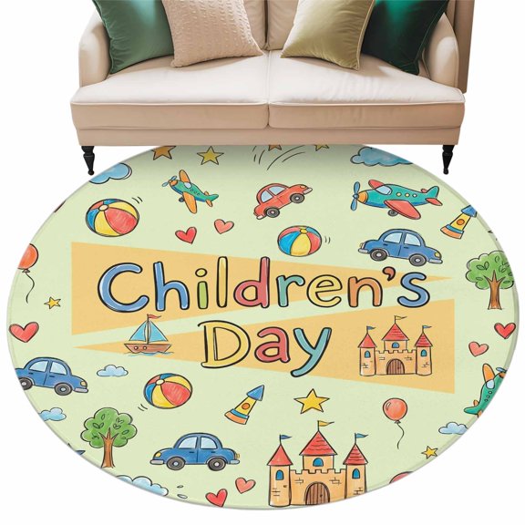Happy Children's Day Round Rug 7ft Washable Circle Rugs Non Slip Cartoon Castle Childhood Innocence Large Area Rug Indoor Floor Carpet for Bedroom Kitchen Living Room Home Office Dining Room Nursery