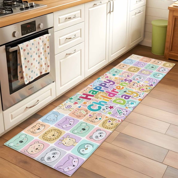 Happy Children's Day Runner Rugs 2x6 ft Cartoon Animal Tigers Koalas Elephant Lions Foxes Plaid Washable Hallway Rugs Non-Slip Floor Mats Absorbent Carpet Bedside Runners for Bedroom Kitchen Laundry