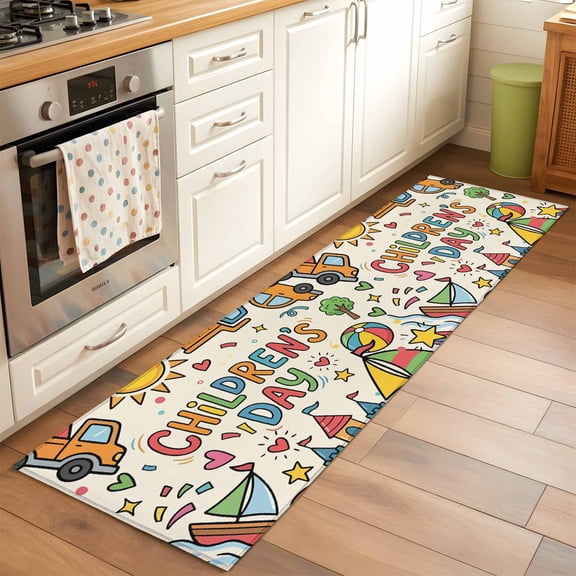 Happy Children's Day Runner Rugs 2x6 ft Cartoon Sun Castle Boat Truck Leather Ball Beige Washable Hallway Rugs Non-Slip Floor Mats Absorbent Carpet Bedside Runners for Bedroom Kitchen Laundry Room