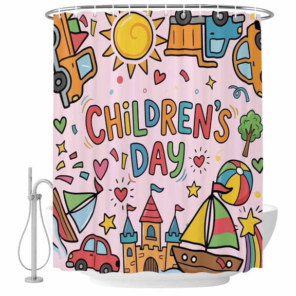 Happy Children's Day Shower Curtain, 48"x72", Cartoon Sun Castle Boat Truck Leather Ball Pink Waterproof Bathroom Curtain Washable Shower Curtain Set with 12 Hooks