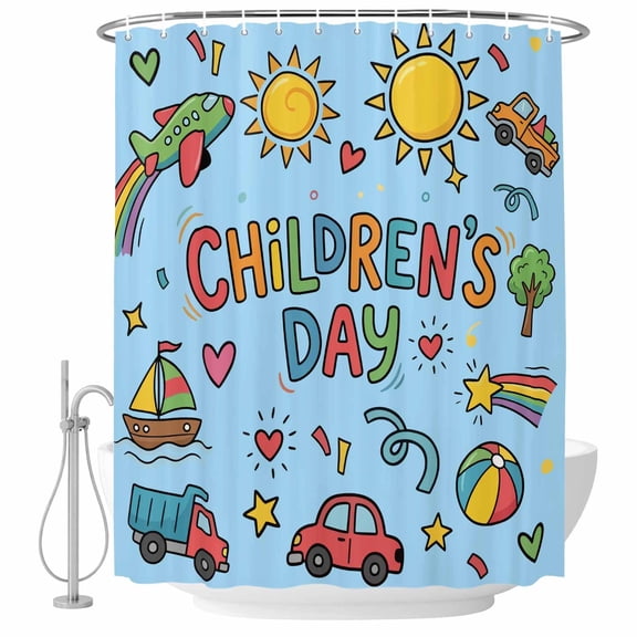 Happy Children's Day Shower Curtain, 60"x72", Cartoon Sun Castle Boat Truck Leather Ball Blue Waterproof Bathroom Curtain Washable Shower Curtain Set with 12 Hooks