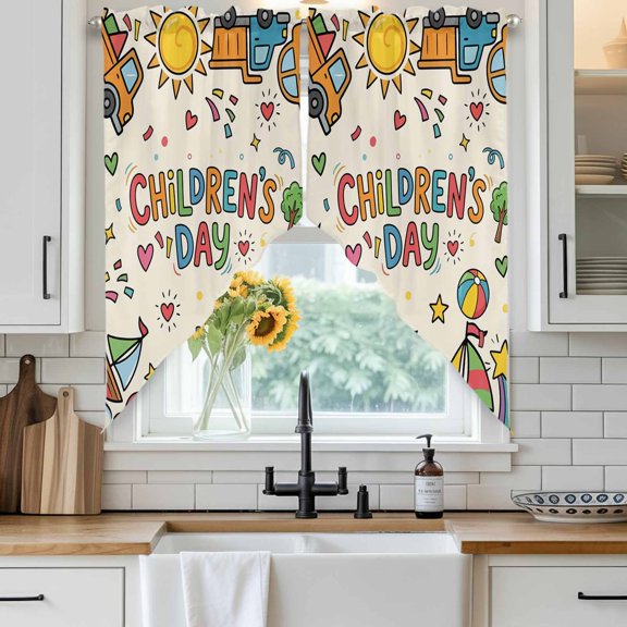 Happy Children's Day Swag Curtain Valance for Windows, Cartoon Sun Castle Boat Truck Leather Ball Beige Window Treatments Short Swag Topper for Kitchen Windows Bathroom Bedroom, 28"x36"