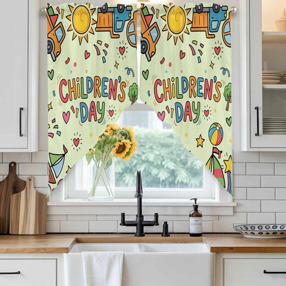 Happy Children's Day Swag Curtain Valance for Windows, Cartoon Sun Castle Boat Truck Leather Ball Green Window Treatments Short Swag Topper for Kitchen Windows Bathroom Bedroom, 28"x36"