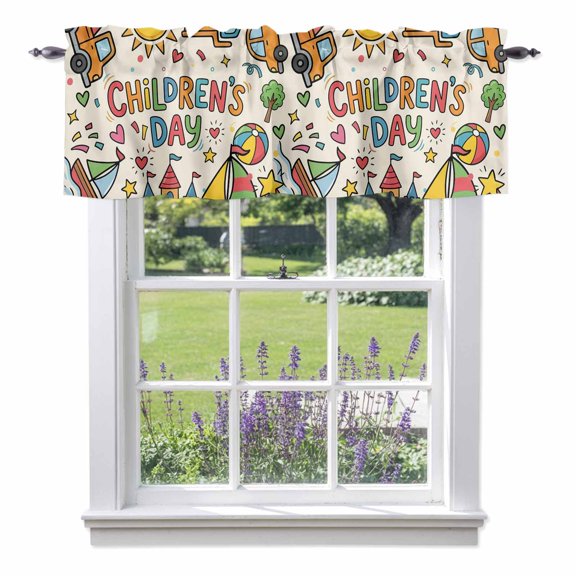 Happy Children's Day Valances for Windows Cartoon Sun Castle Boat Truck Leather Ball Beige Rod Pocket Cafe Window Treatments Valance Curtains for Kitchen Bathroom Laundry Basement Windows 42"x12"