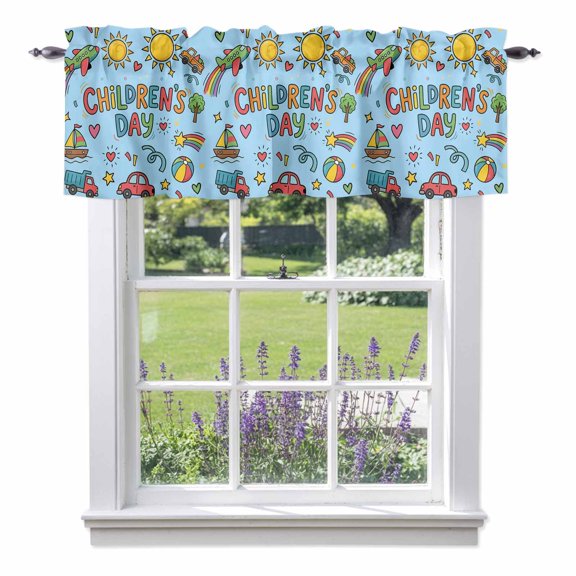 Happy Children's Day Valances for Windows Cartoon Sun Castle Boat Truck Leather Ball Blue Rod Pocket Cafe Window Treatments Valance Curtains for Kitchen Bathroom Laundry Basement Windows 42"x12"
