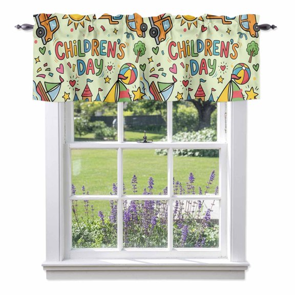 Happy Children's Day Valances for Windows Cartoon Sun Castle Boat Truck Leather Ball Green Rod Pocket Cafe Window Treatments Valance Curtains for Kitchen Bathroom Laundry Basement Windows 42"x12"