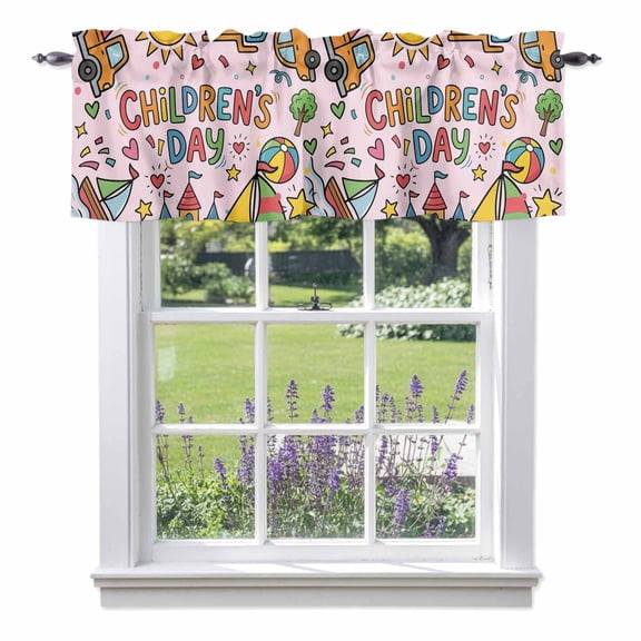 Happy Children's Day Valances for Windows Cartoon Sun Castle Boat Truck Leather Ball Pink Rod Pocket Cafe Window Treatments Valance Curtains for Kitchen Bathroom Laundry Basement Windows 42"x12"