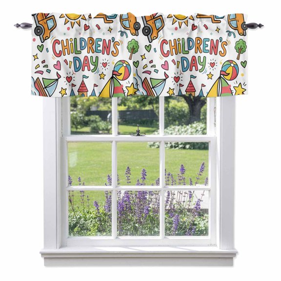 Happy Children's Day Valances for Windows Cartoon Sun Castle Boat Truck Leather Ball Rod Pocket Cafe Window Treatments Valance Curtains for Kitchen Bathroom Laundry Basement Windows 42"x12"