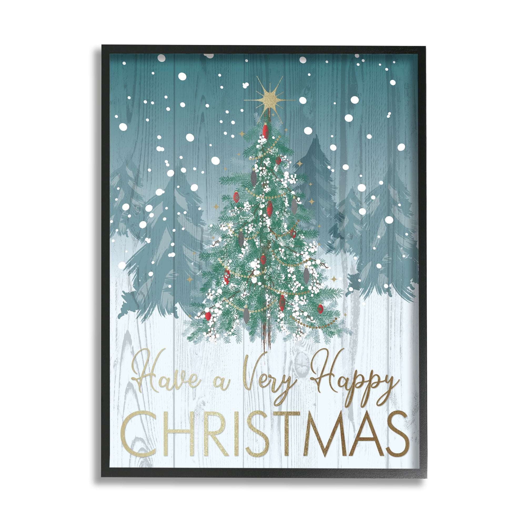 Happy Christmas Glam Detail Text Rustic Fir Tree Botanical & Floral Graphic Art Framed Art Print Wall Art